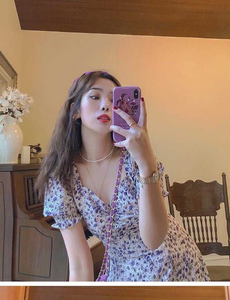 มินิเดรสลายดอกไม้ลบสีม่วงพาสเทล