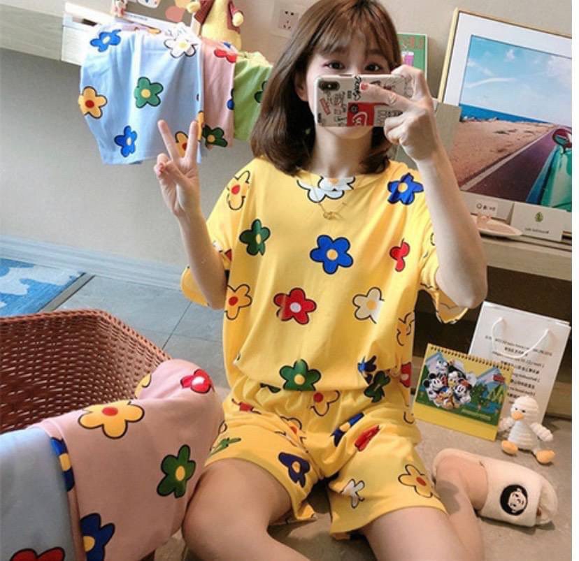 ชุดนอนลายการ์ตูนลบชุดนอนแขนสั้นขาสั้น-ฟรีไซส์ผู้ใหญ่