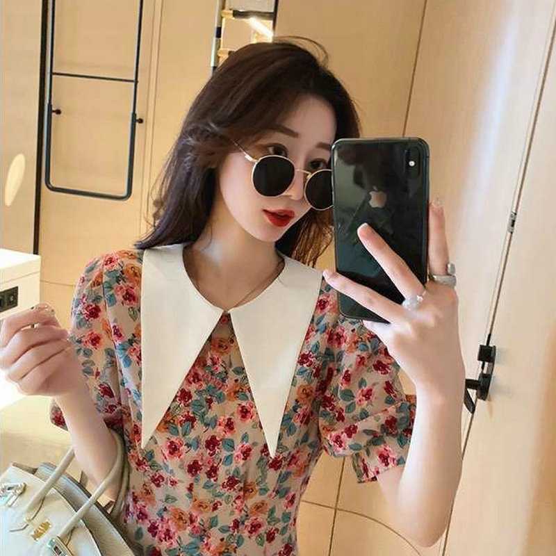 มินิเดรสลายดอกไม้ลบแต่งคอปก