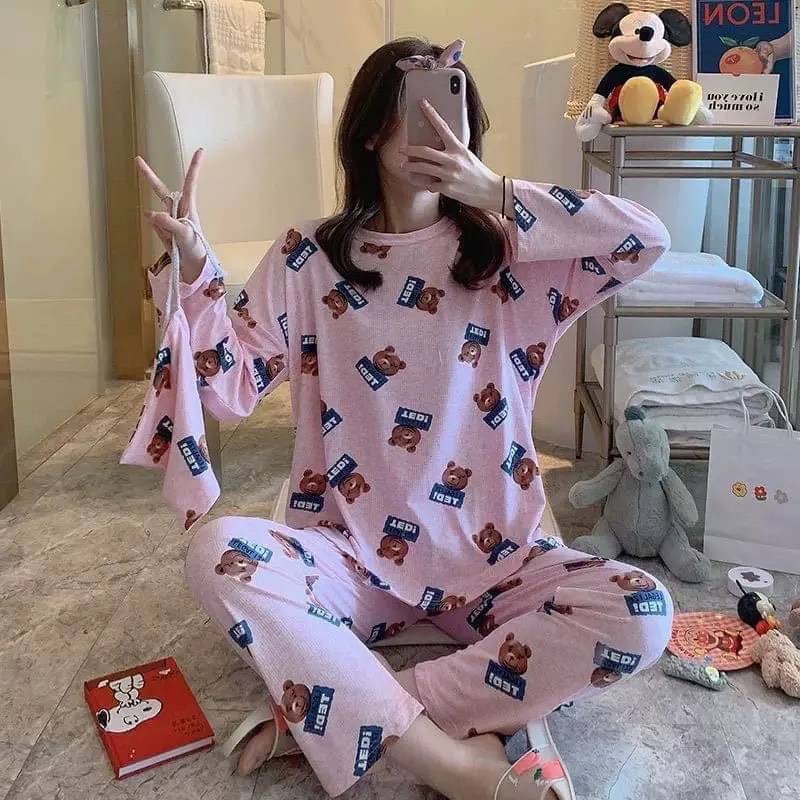 พร้อมส่งลบชุดนอนขายาว-เนื้อผ้าคอตตอนหนานุ่ม