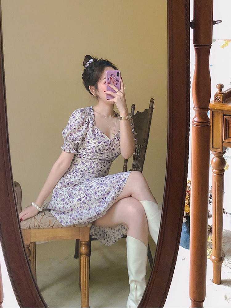 มินิเดรสลายดอกไม้ลบสีม่วงพาสเทล