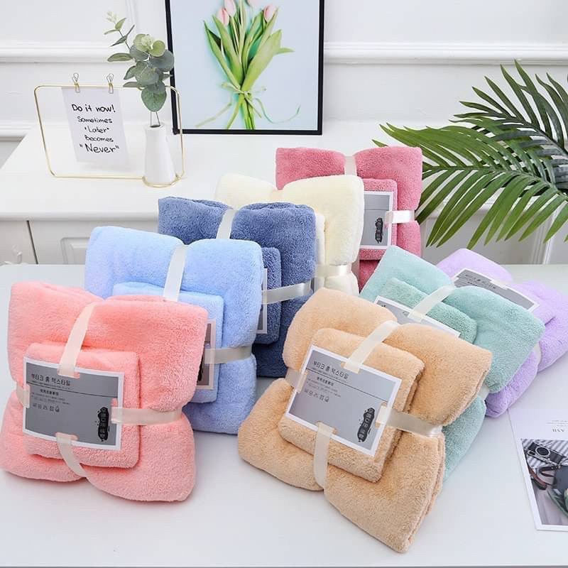 เซตผ้าขนหนูบวกผ้าเช็ดผมลบได้ถุงตามรูป