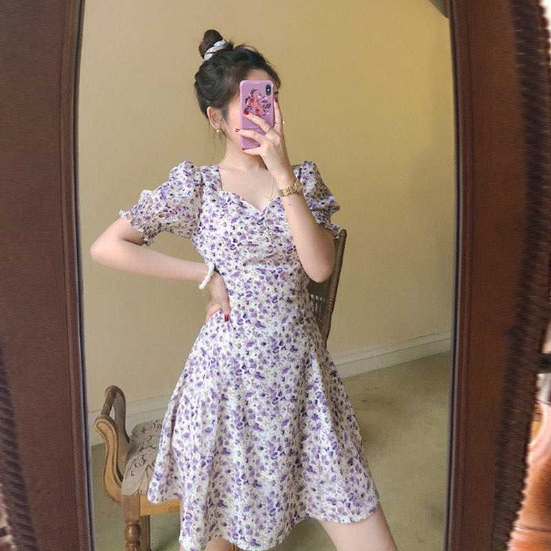 มินิเดรสลายดอกไม้ลบสีม่วงพาสเทล